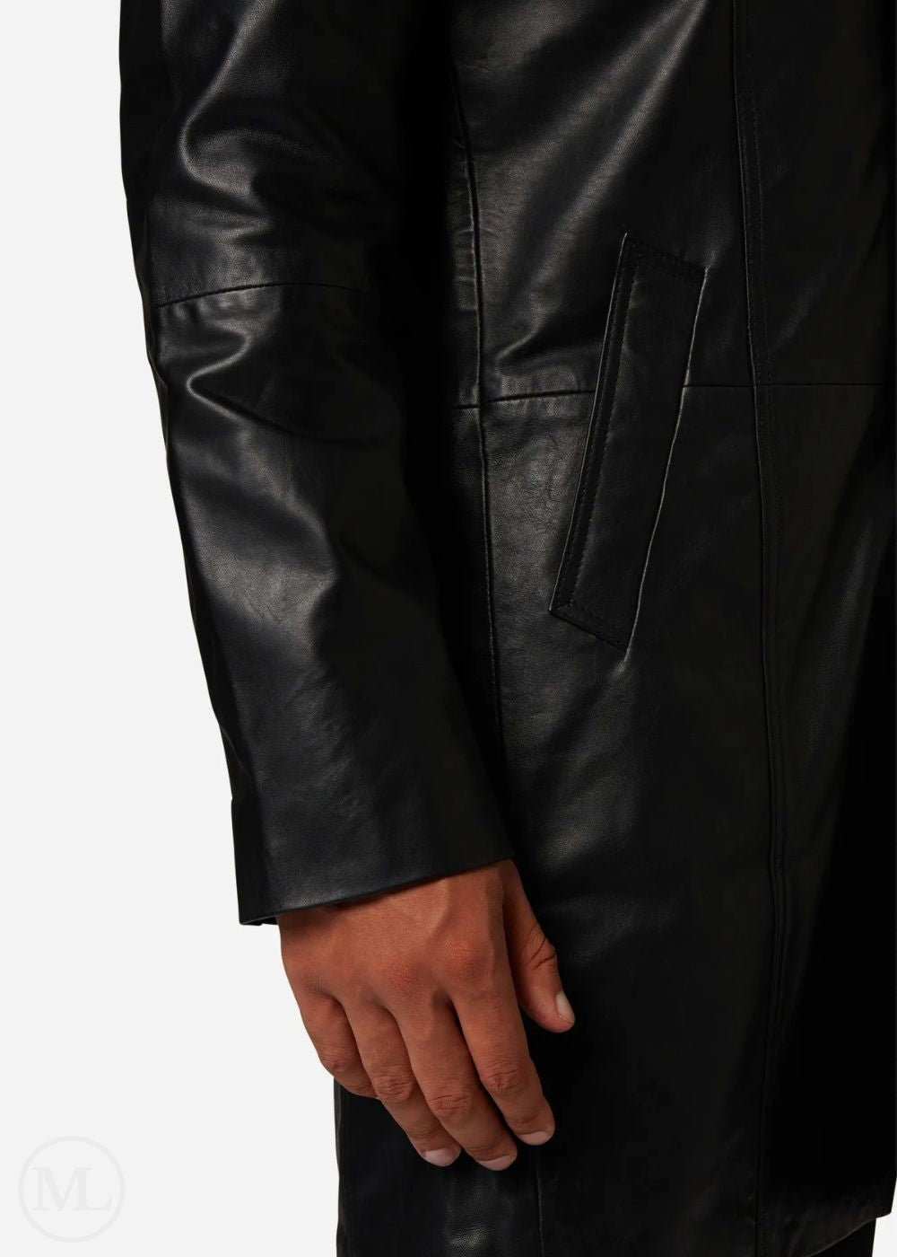 Close-up of a black leather trench coat worn by a man on a white background