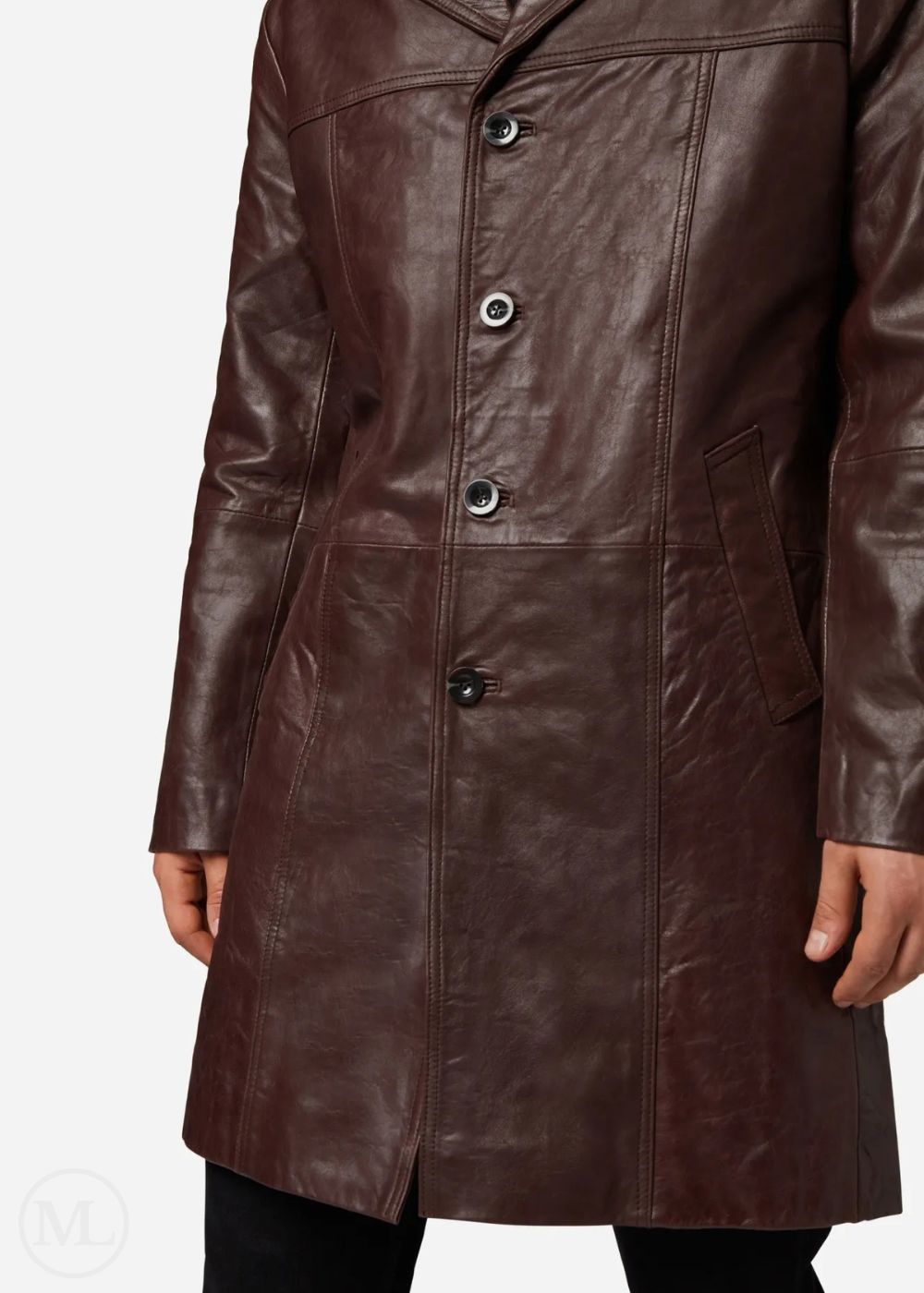 Brown leather trench coat with buttons worn by a man on a white background