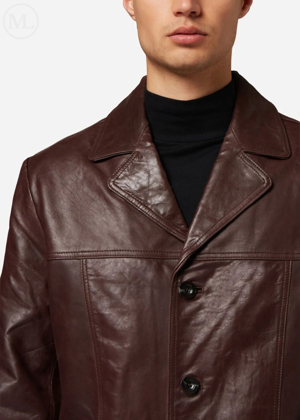 Brown leather trench coat worn by a man on a white background