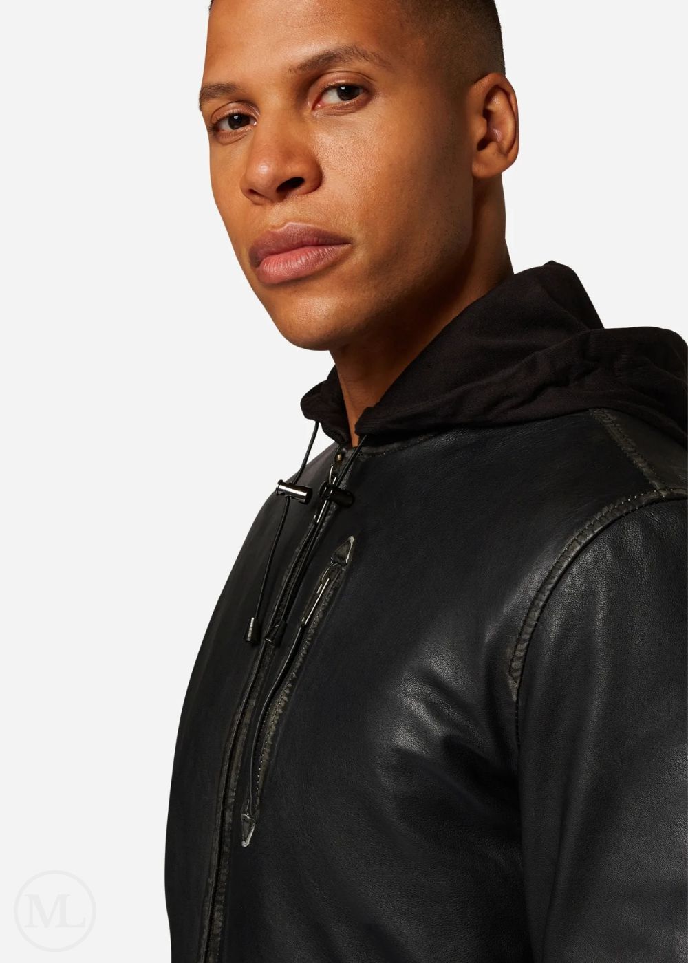 Man wearing a black leather hooded bomber jacket on a white background