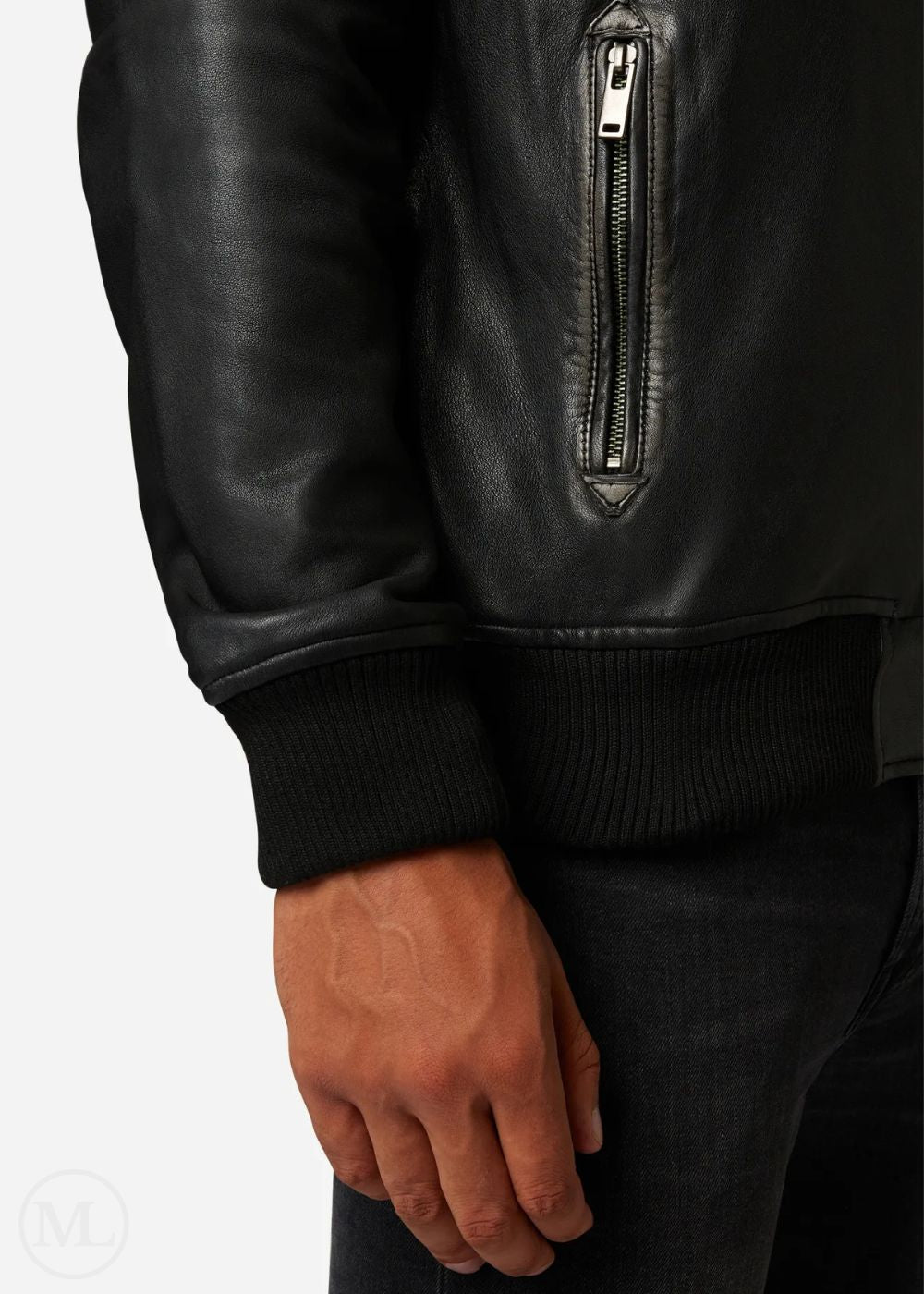 Close-up of a man wearing a black leather hooded bomber jacket with a zipper on a white background