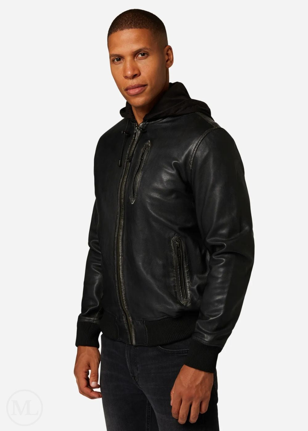 Man wearing a black leather hooded bomber jacket on a white background