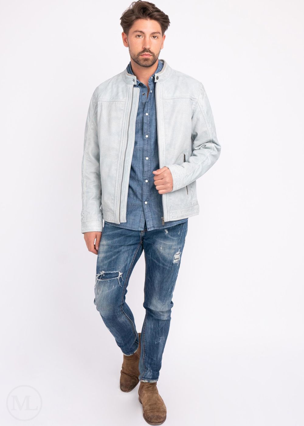 Man wearing a light gray jacket, blue shirt, and jeans on a white background