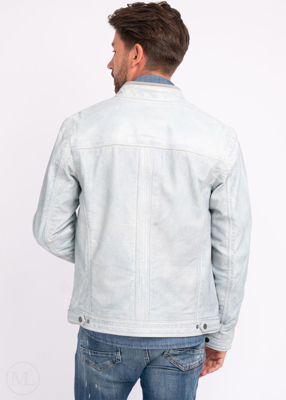 Man wearing a light grey jacket on a white background