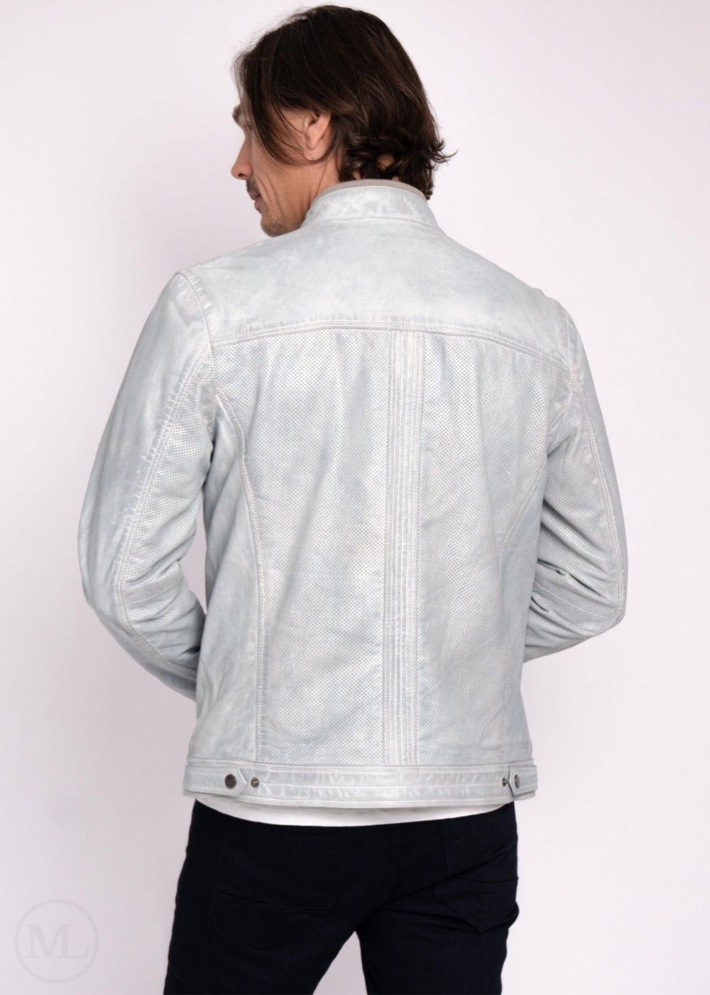 Man wearing a light grey jacket on a white background