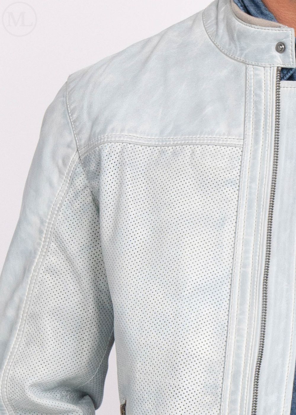 Close-up of a light grey leather jacket with a zipper on a white background