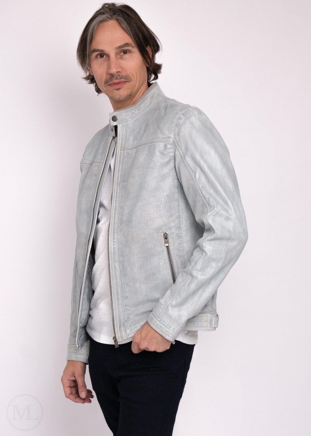 Man wearing a light gray jacket on a white background