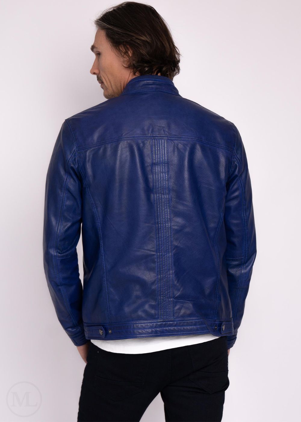 Man wearing a navy leather jacket on a white background