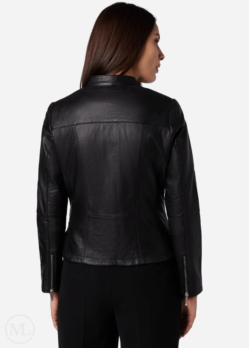 Black leather jacket worn by a woman on a white background
