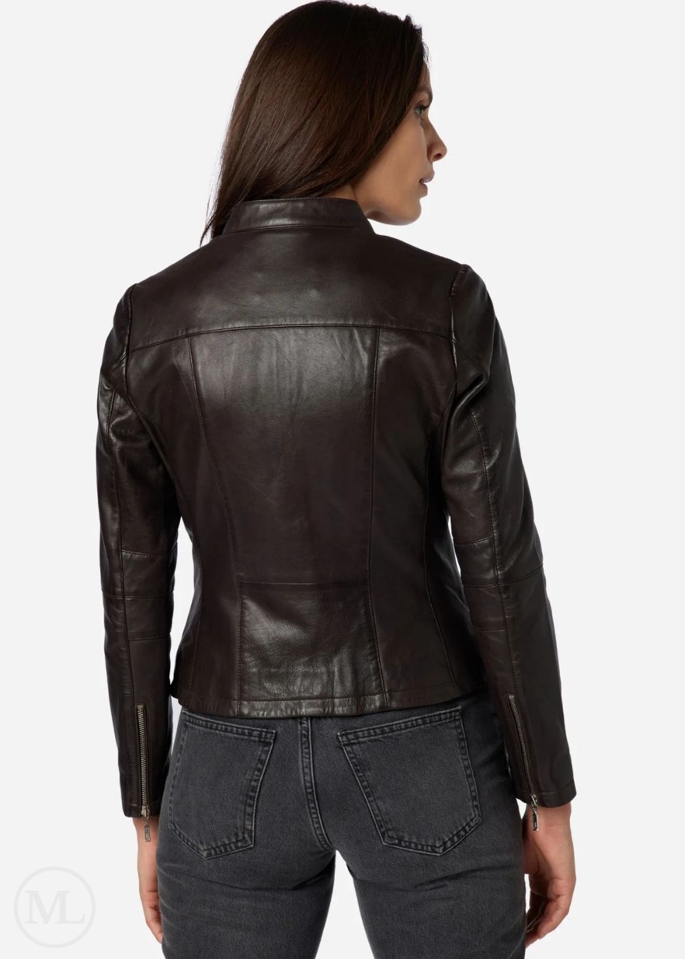 Woman wearing a brown leather jacket on a white background
