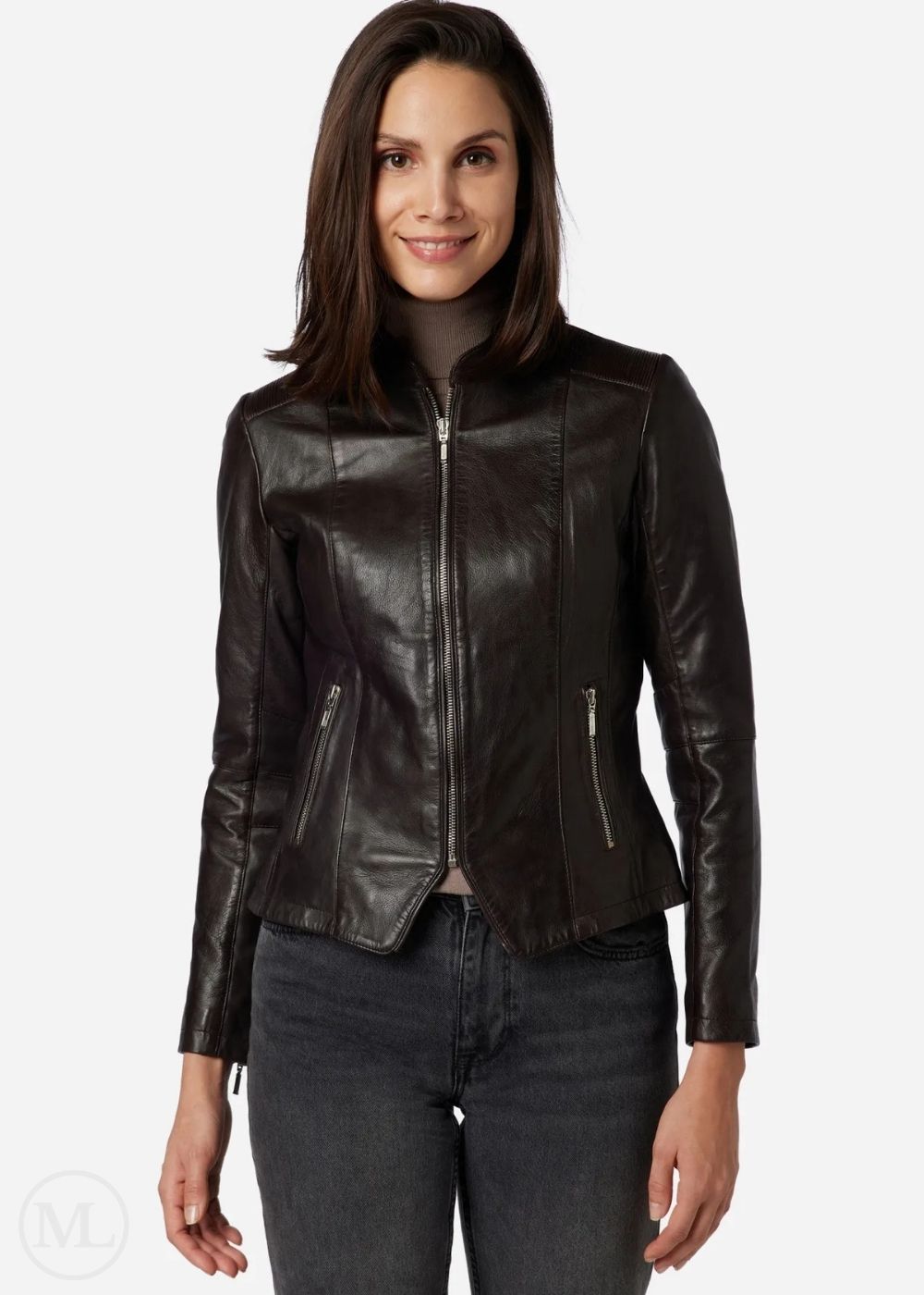 Woman wearing a brown leather jacket on a white background
