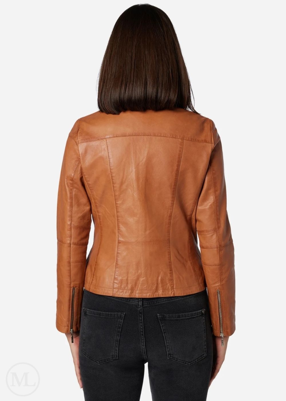 Cognac Brown leather jacket worn by a person on a white background