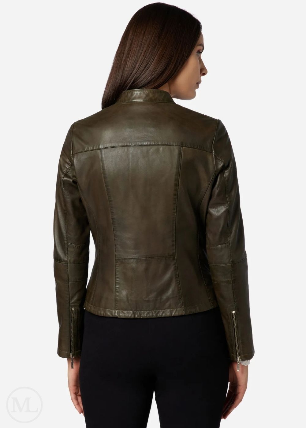 Olive green leather jacket worn by a person on a white background