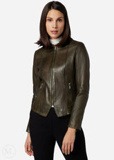 Woman wearing a olive green leather jacket on a white background