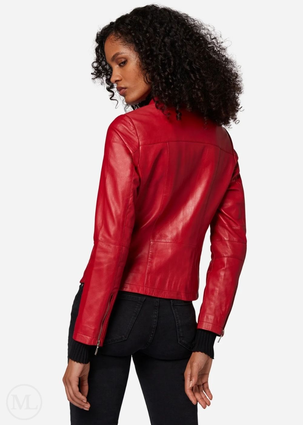 Woman wearing a red leather jacket on a white background