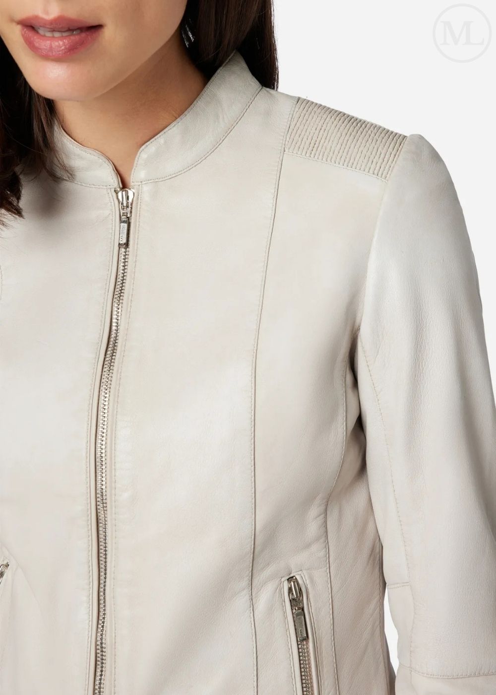 Close-up of a white leather jacket with a zipper on a white background