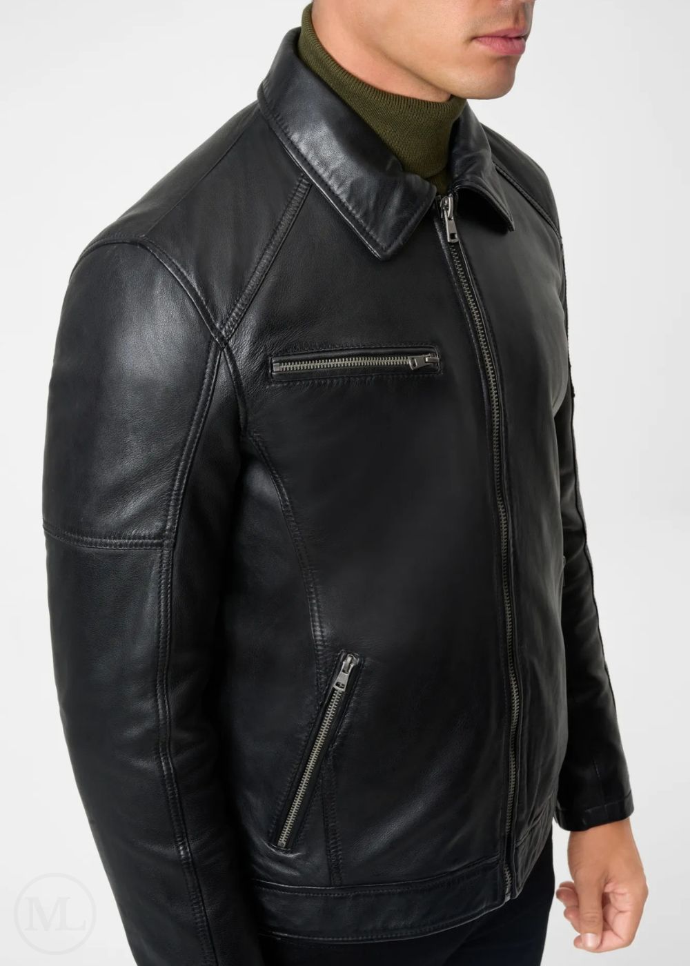 Black leather racer jacket worn by a person on a white background
