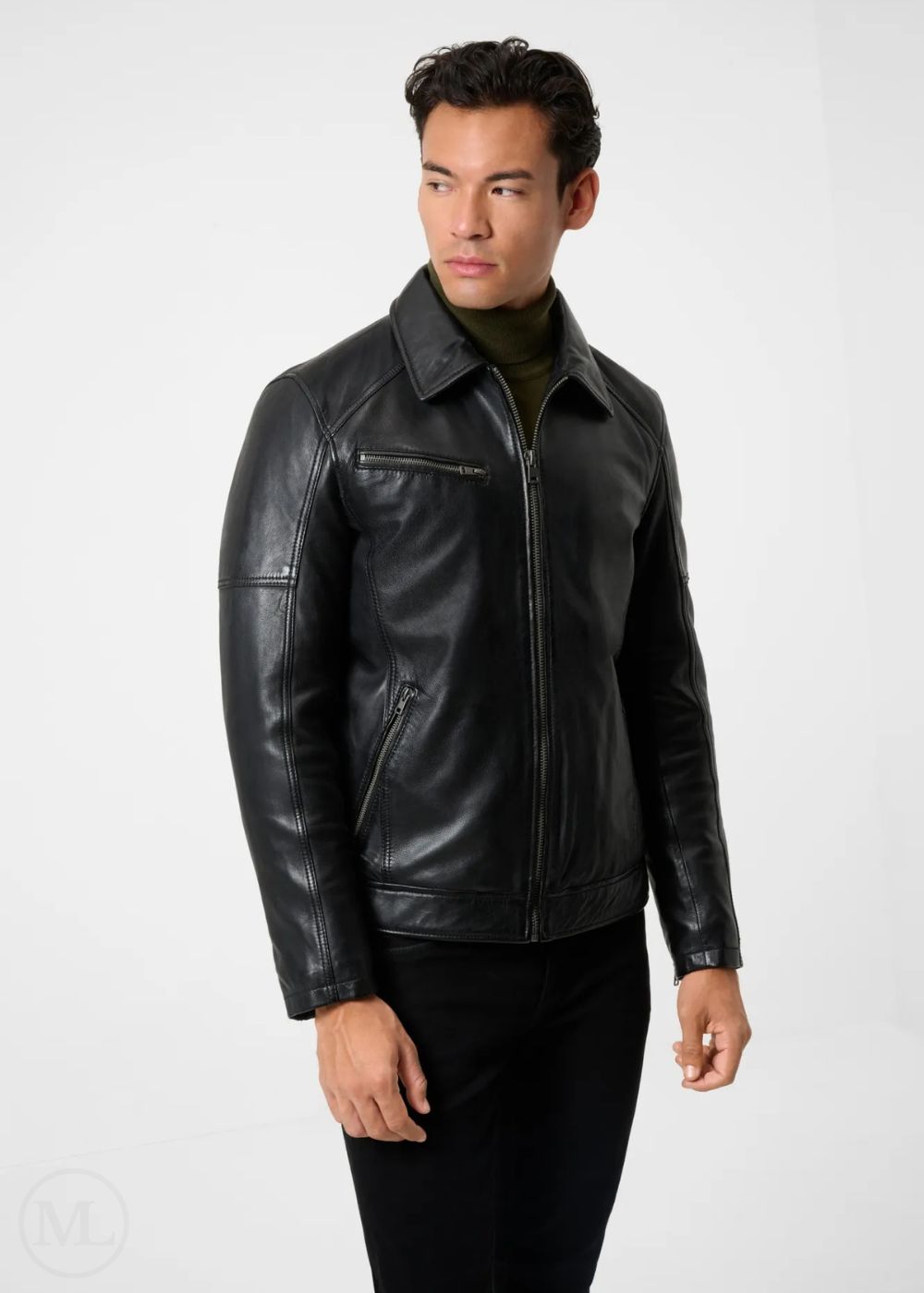 Man wearing a black leather racer jacket on a white background