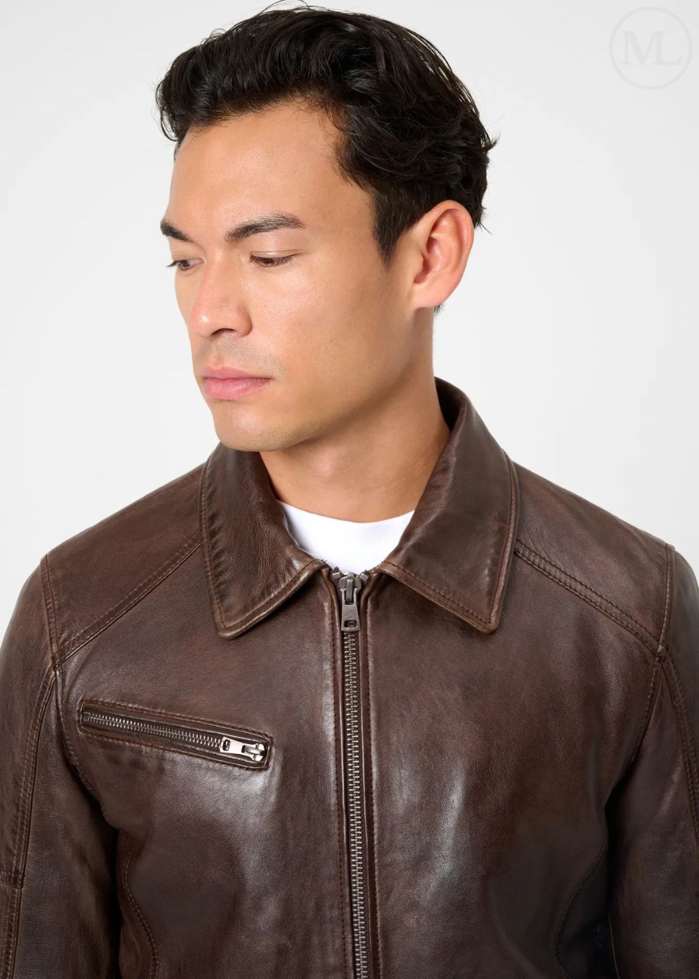Man wearing a dark brown leather racer jacket against a white background