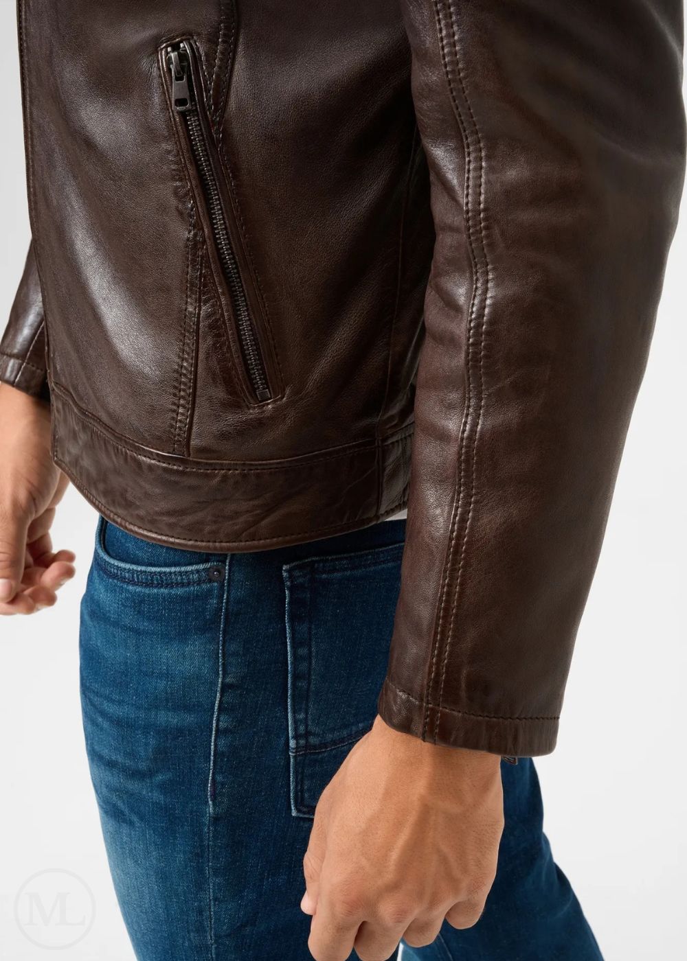 Dark Brown leather racer jacket worn by a person on a white background