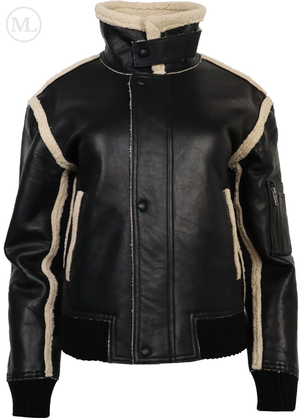 Black leather Aviator jacket with beige trim on a white background