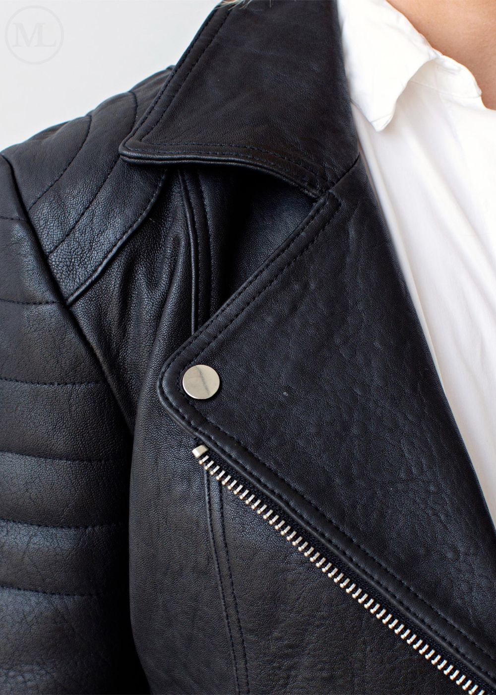 closeup of zip of black leather jacket on a white background