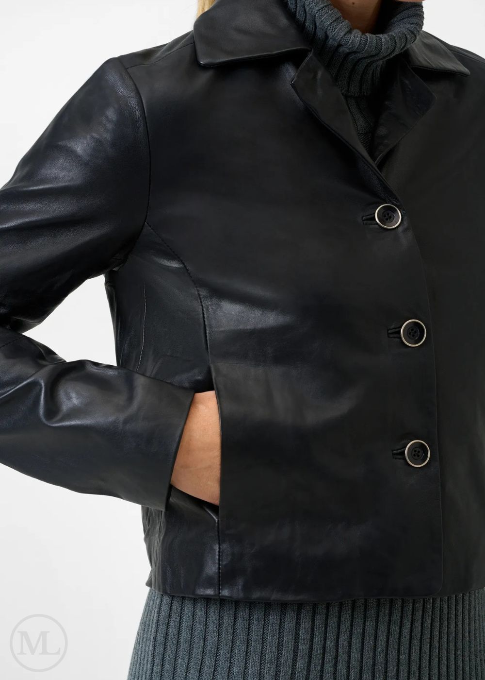 Black leather blazer jacket with a white background
