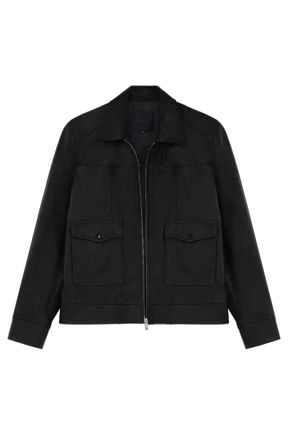 Designer men’s black lambskin leather trucker jacket with flap chest pockets, and welt side pockets.