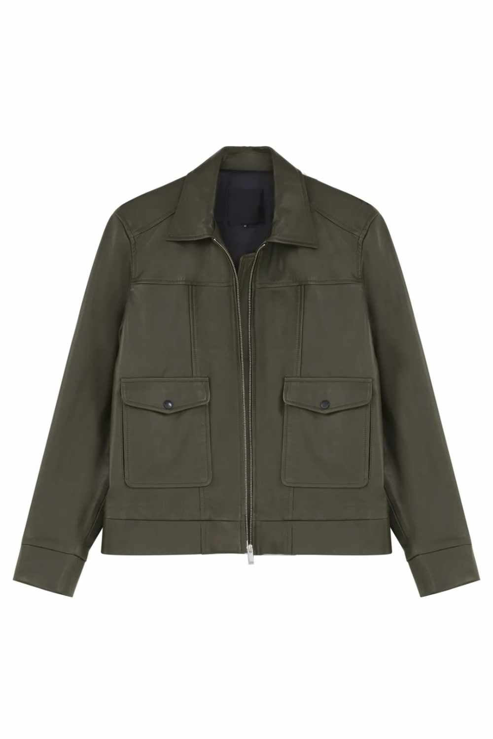 Designer men’s khaki lambskin leather trucker jacket with satin lining, flap chest pockets, and welt side pockets.