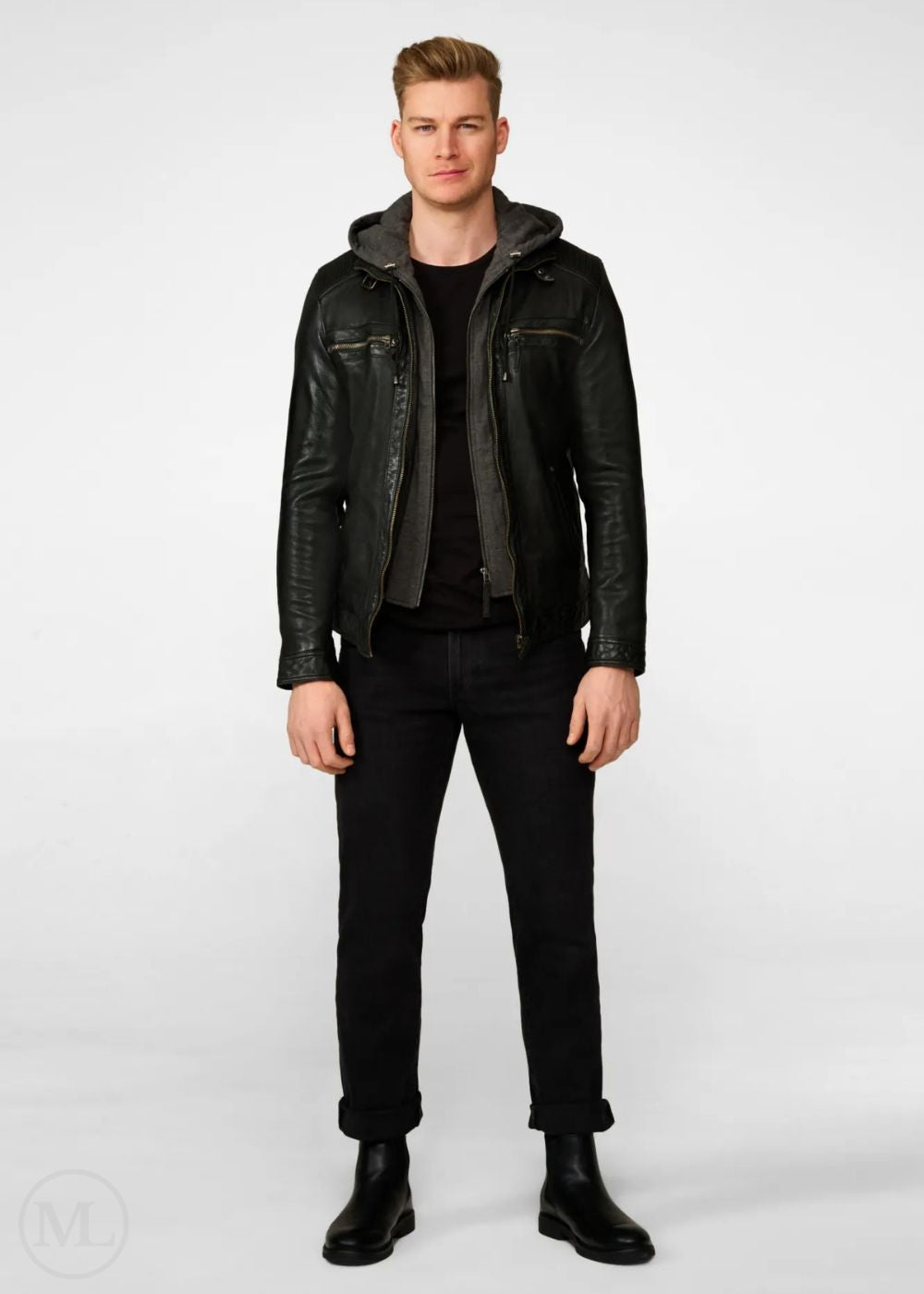 Man wearing a black leather jacket and black pants on a white background