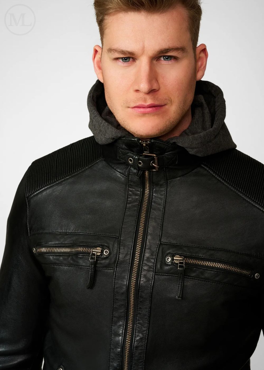Man wearing a black leather jacket with a gray hood against a white background