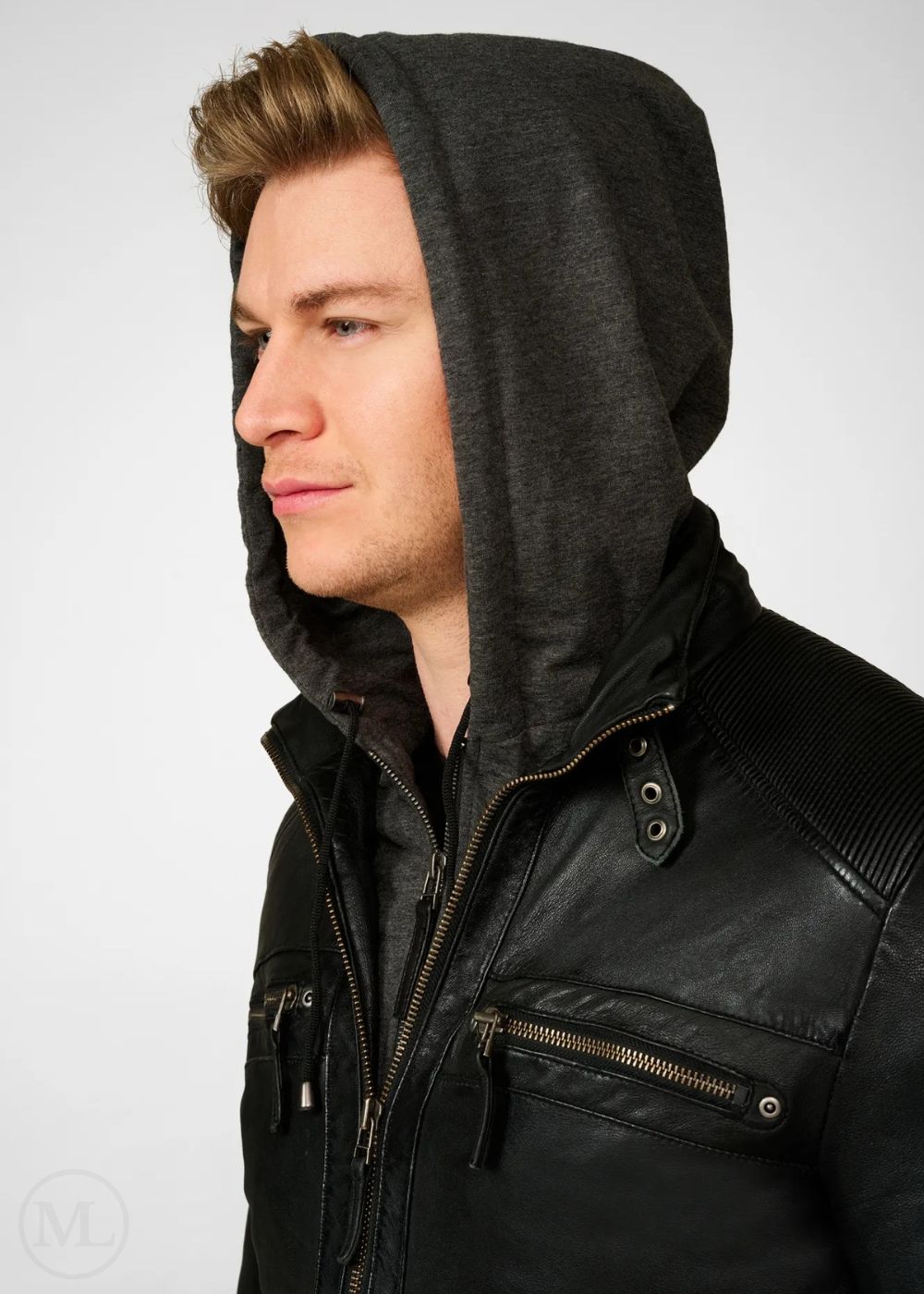 Man wearing a black hooded jacket on a plain background