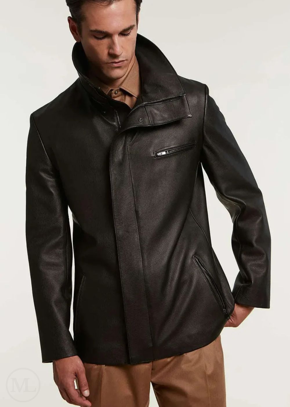 Man wearing a black leather jacket on a plain background