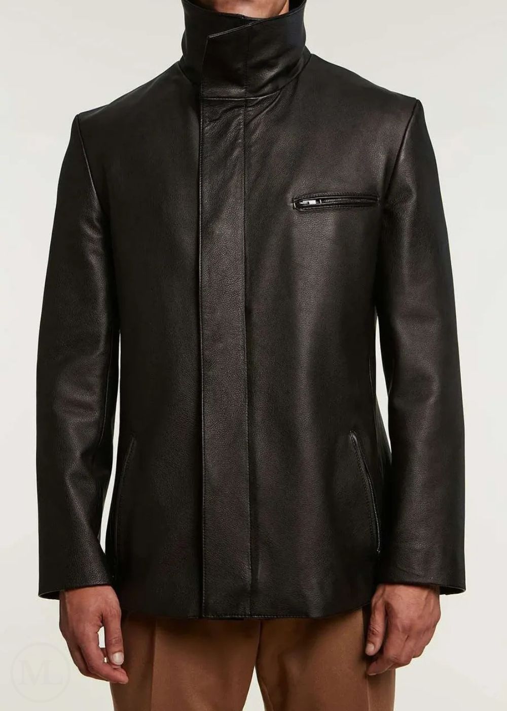 Black leather jacket worn by a man on a white background