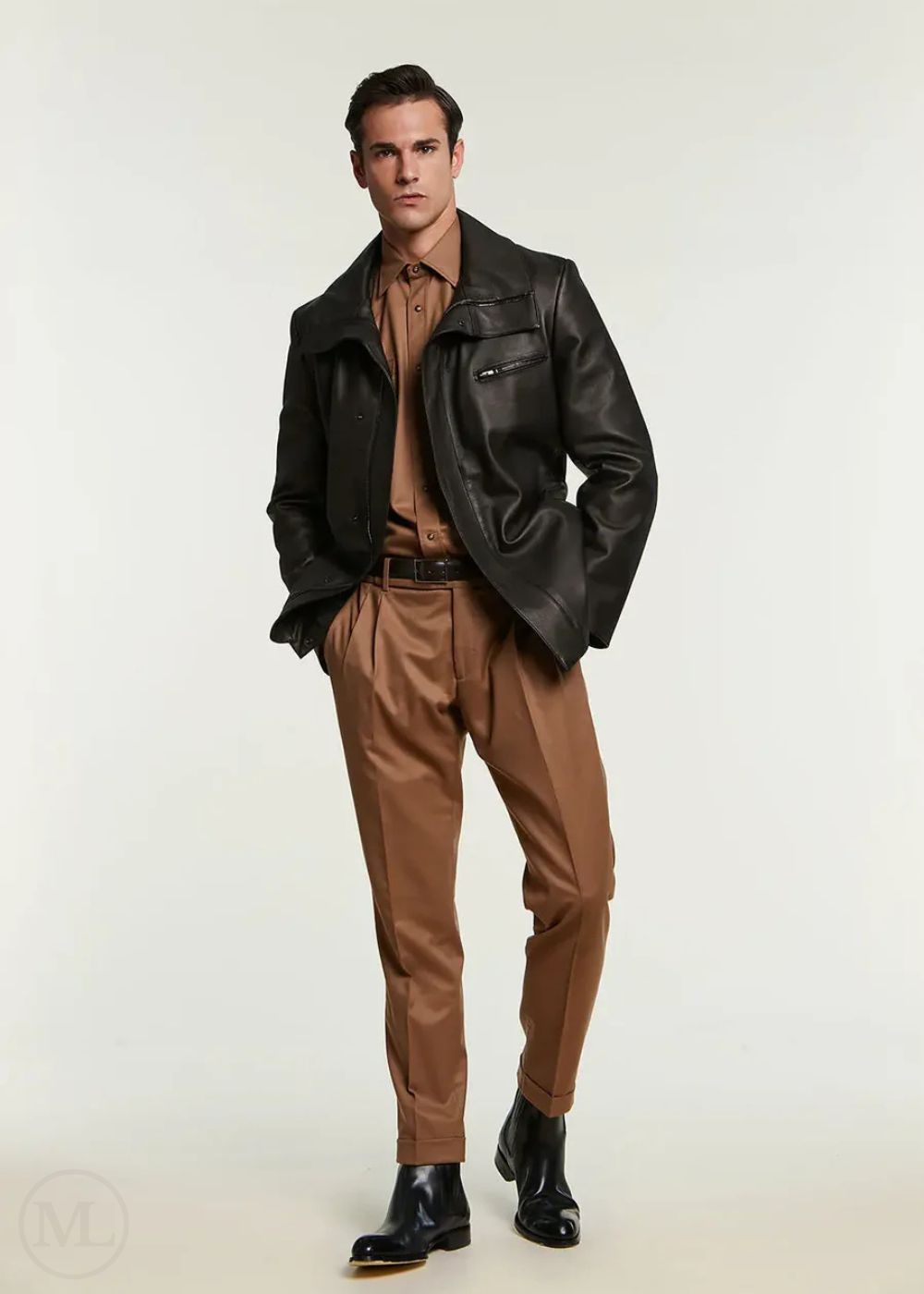 Man wearing a black leather jacket and brown pants on a white background