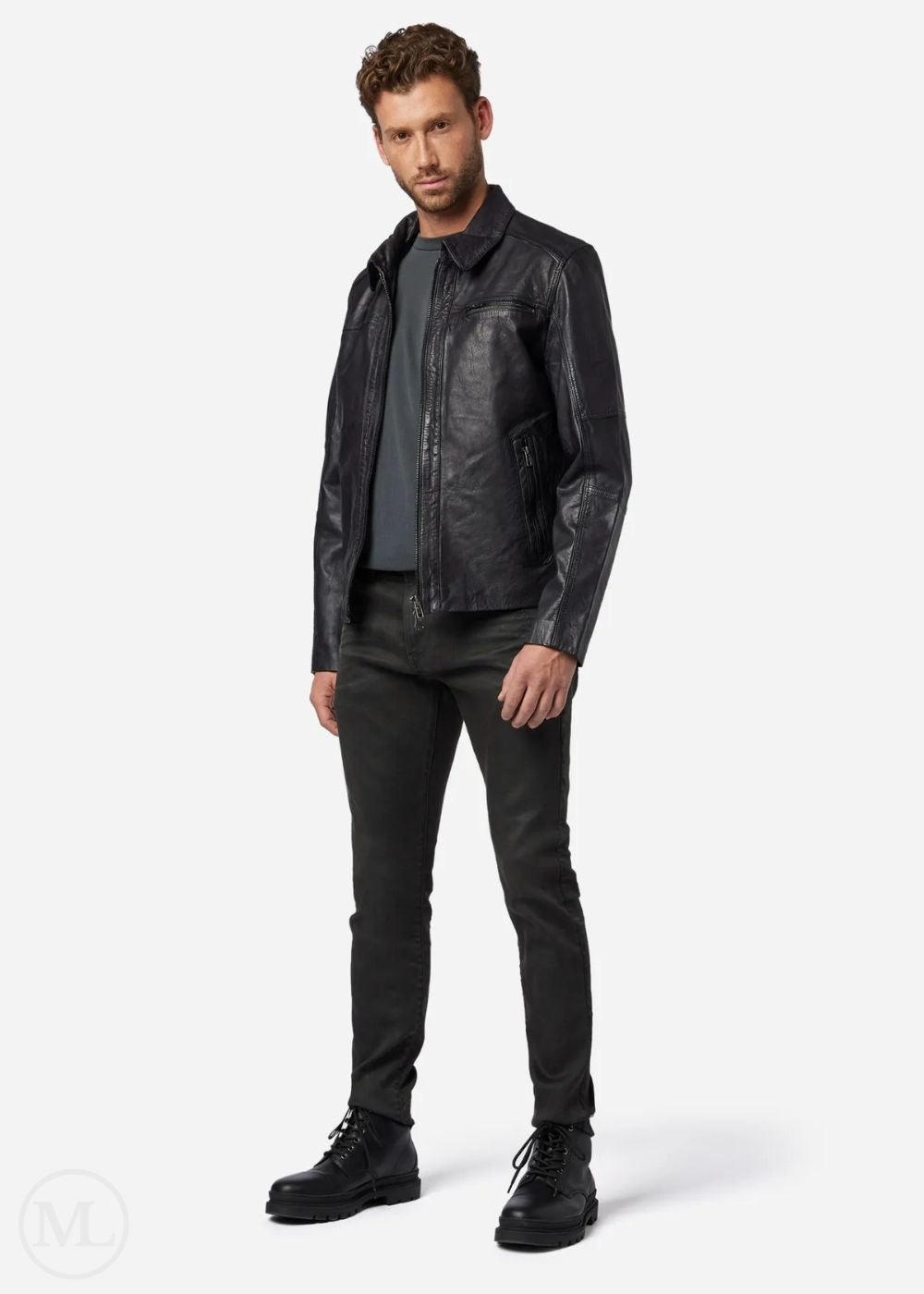 Man wearing a black leather jacket and pants on a white background