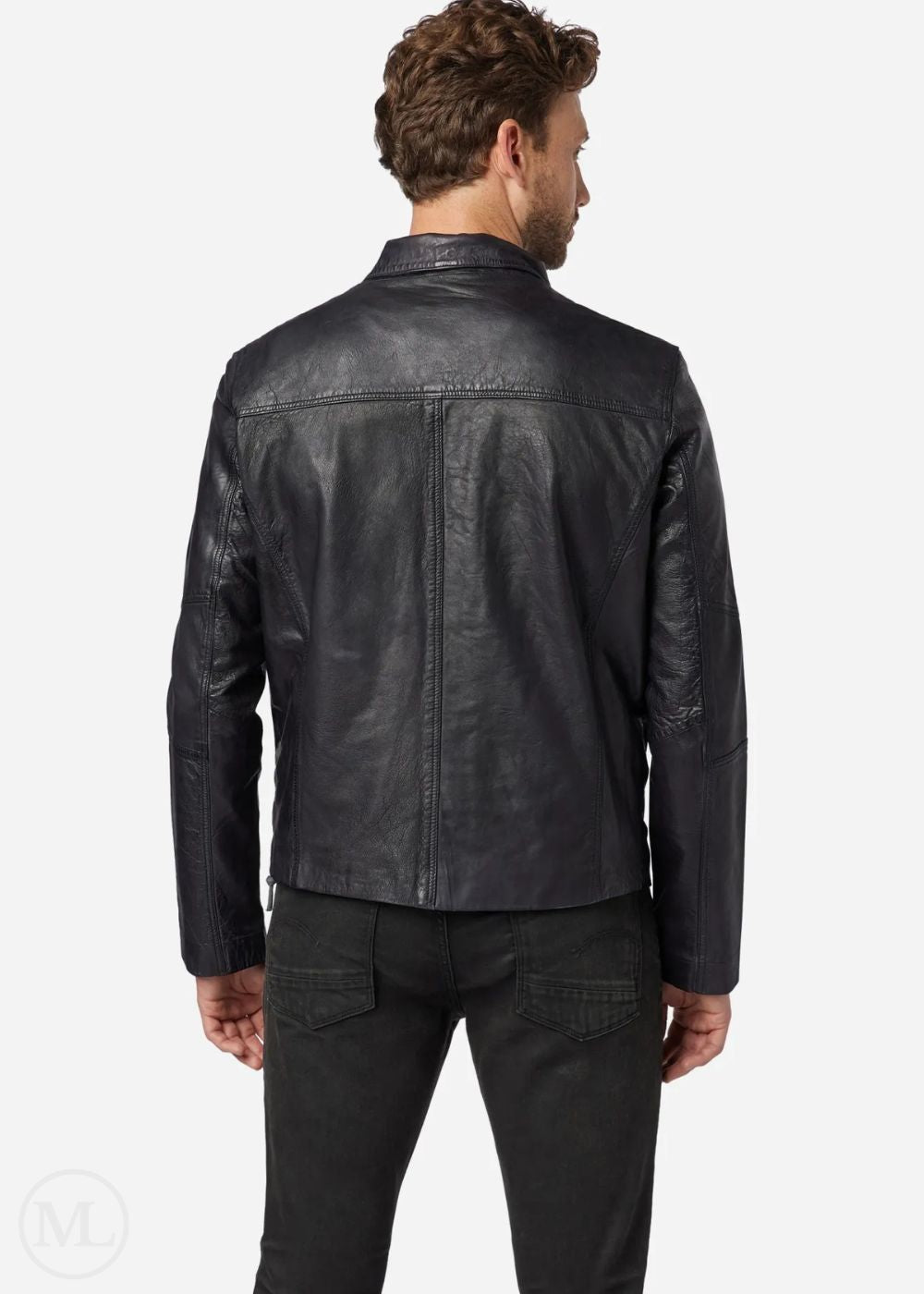 Man wearing a black leather jacket on a white background