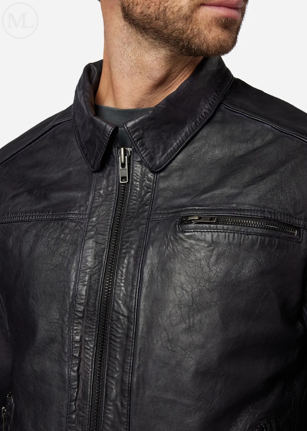 Close-up of a black leather jacket with a zipper on a white background