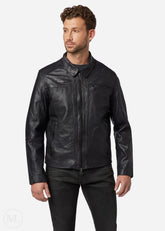 Man wearing a black leather jacket on a white background