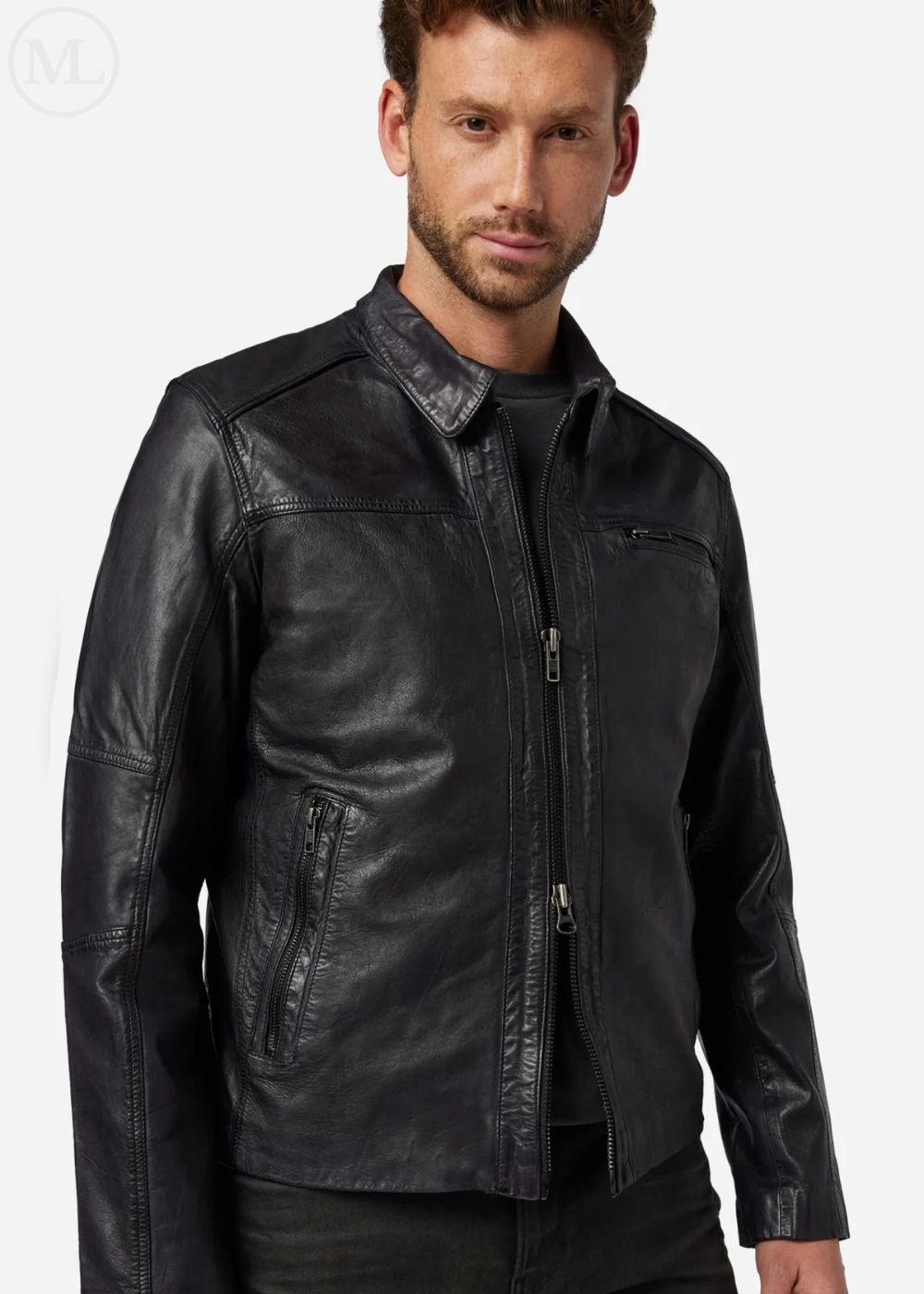 Man wearing a black leather jacket on a white background