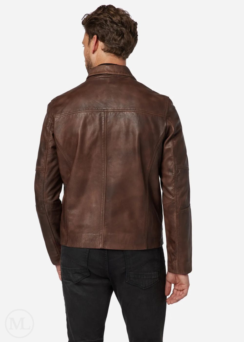Man wearing a brown leather jacket on a white background