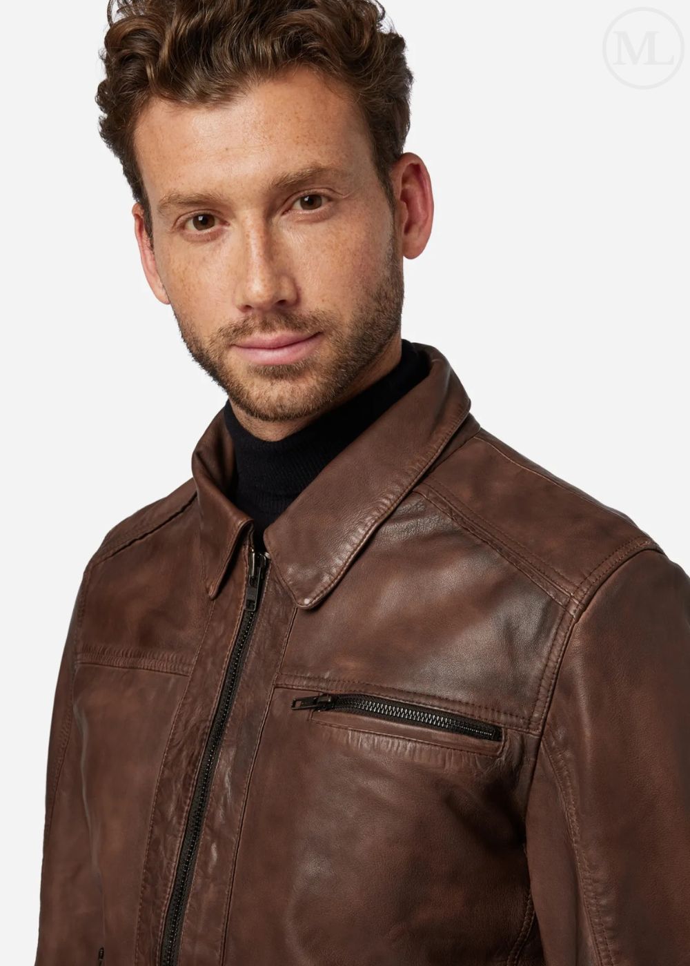 Man wearing a brown leather jacket on a white background