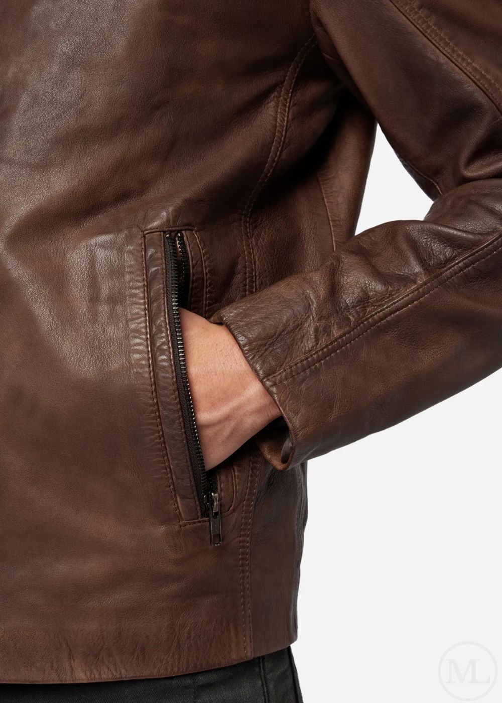 Brown leather jacket with a close-up of a pocket on a white background