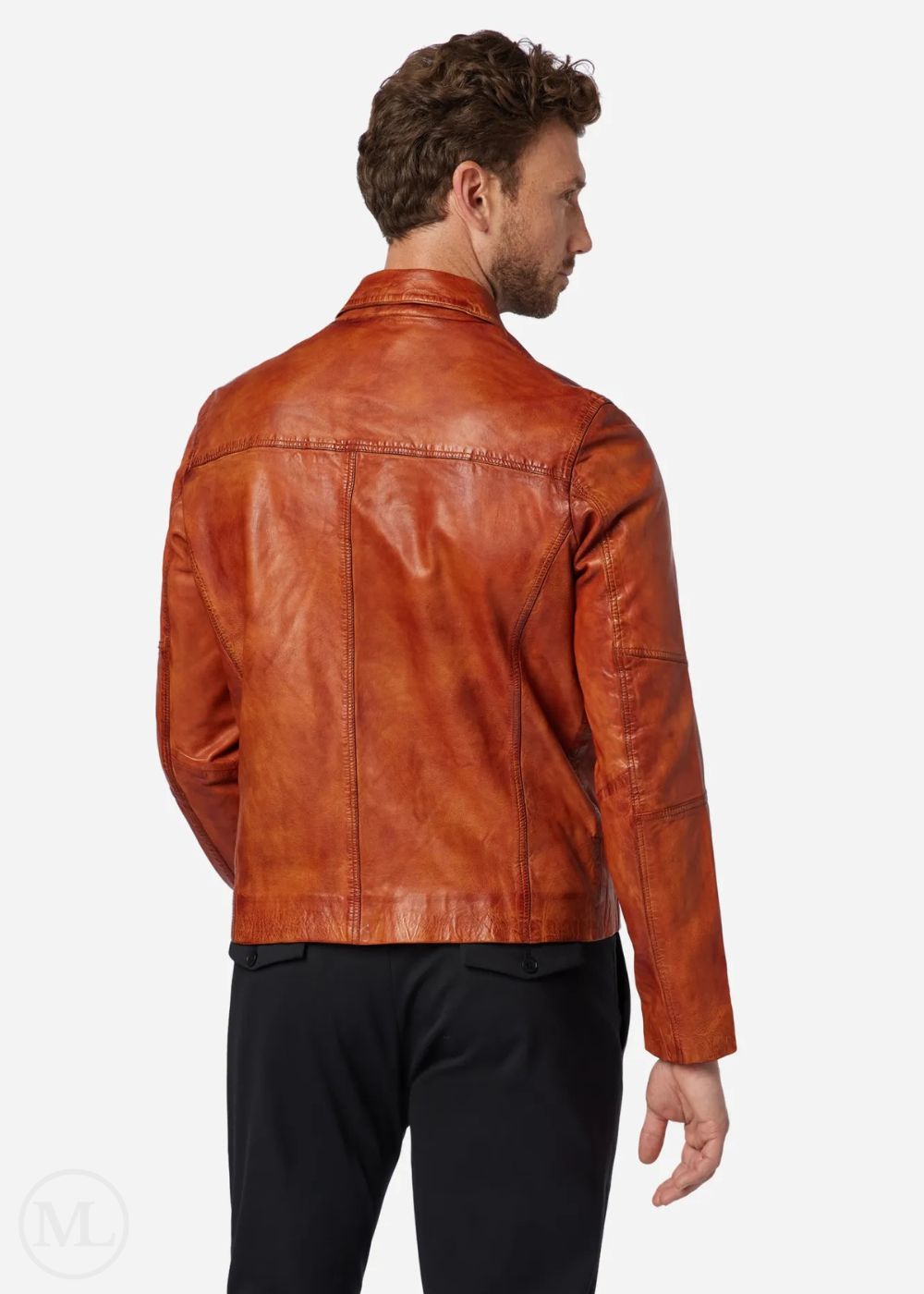 Man wearing a cognac brown leather jacket on a white background