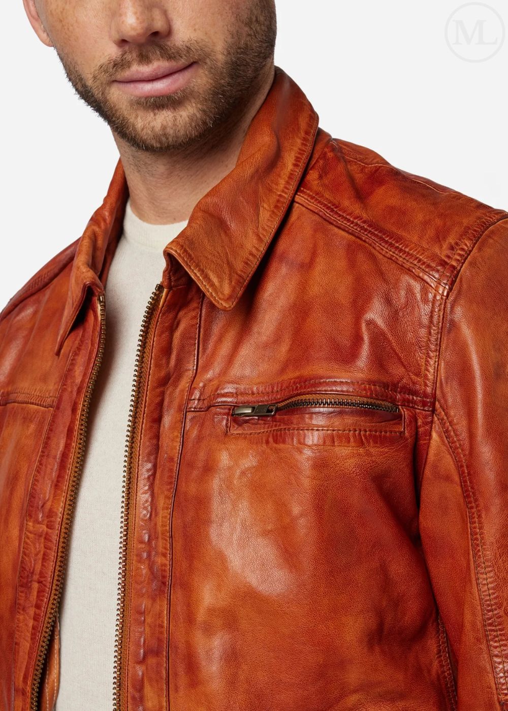 Close-up of a cognac brown leather jacket with a white background