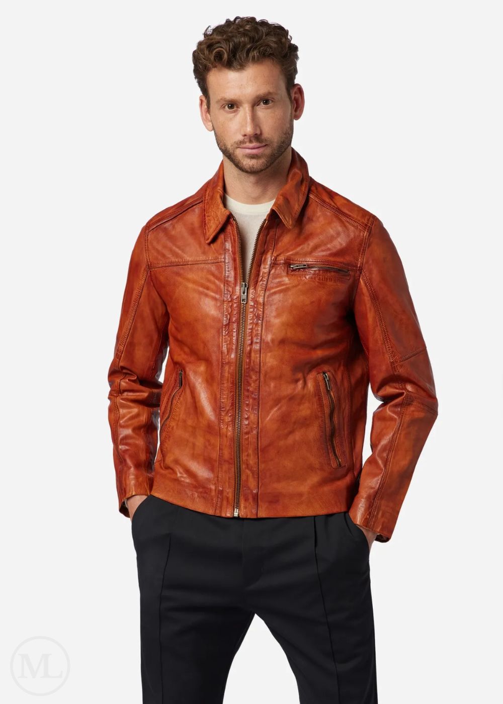 Man wearing a cognac brown leather jacket on a white background