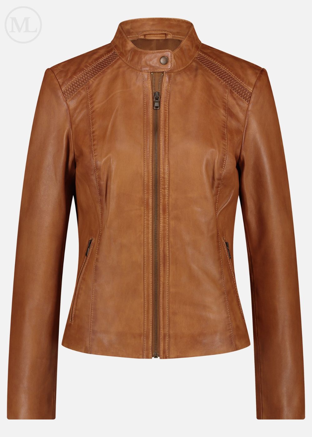 Camel leather biker jacket on a white background