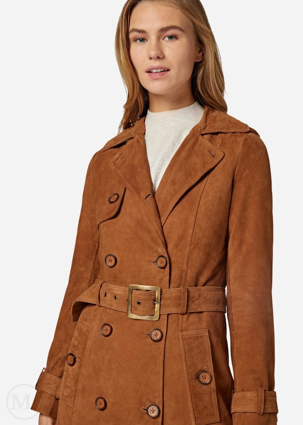 Brown suede trench coat worn by a model on a white background