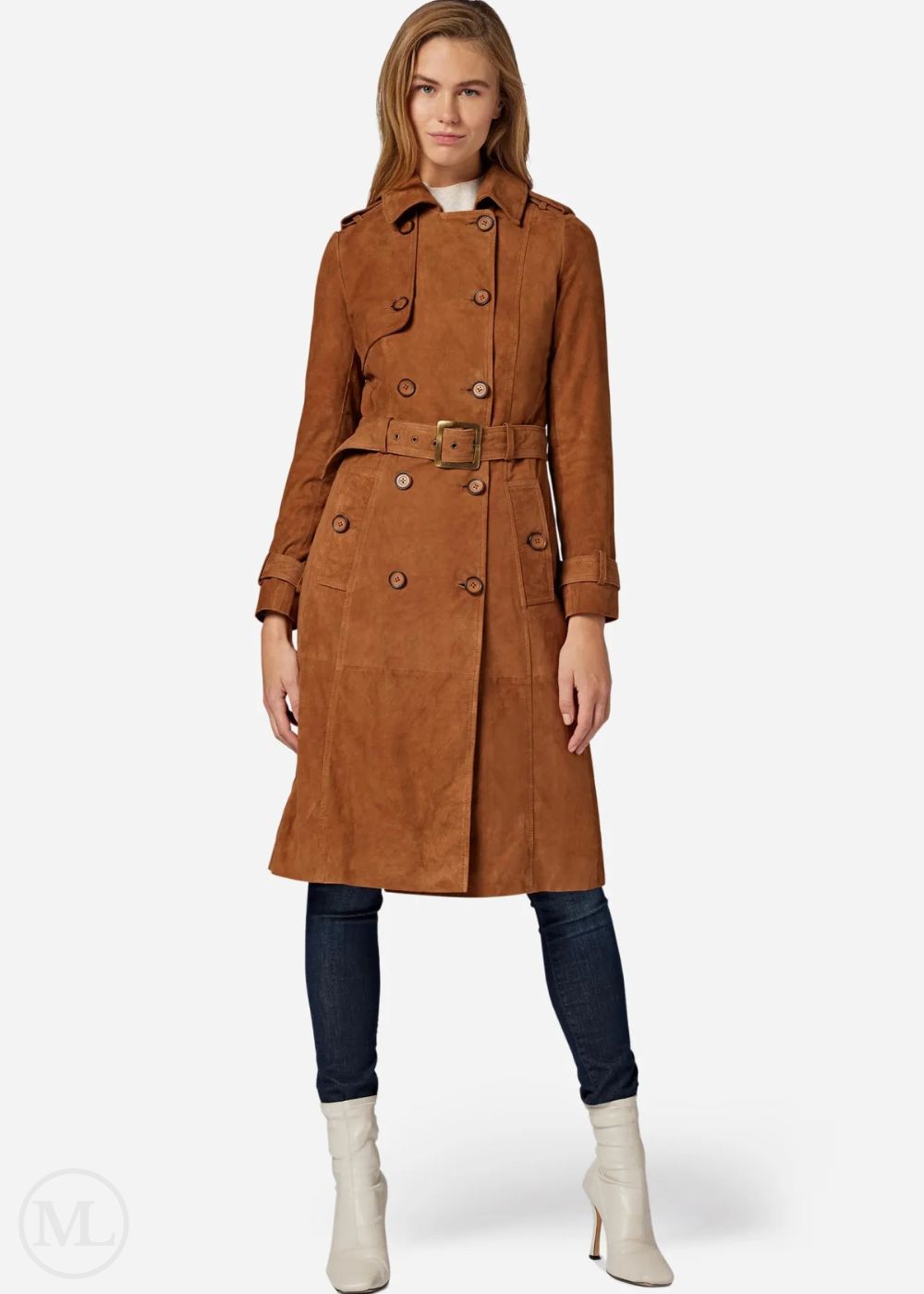 Woman wearing a brown suede trench coat on a white background