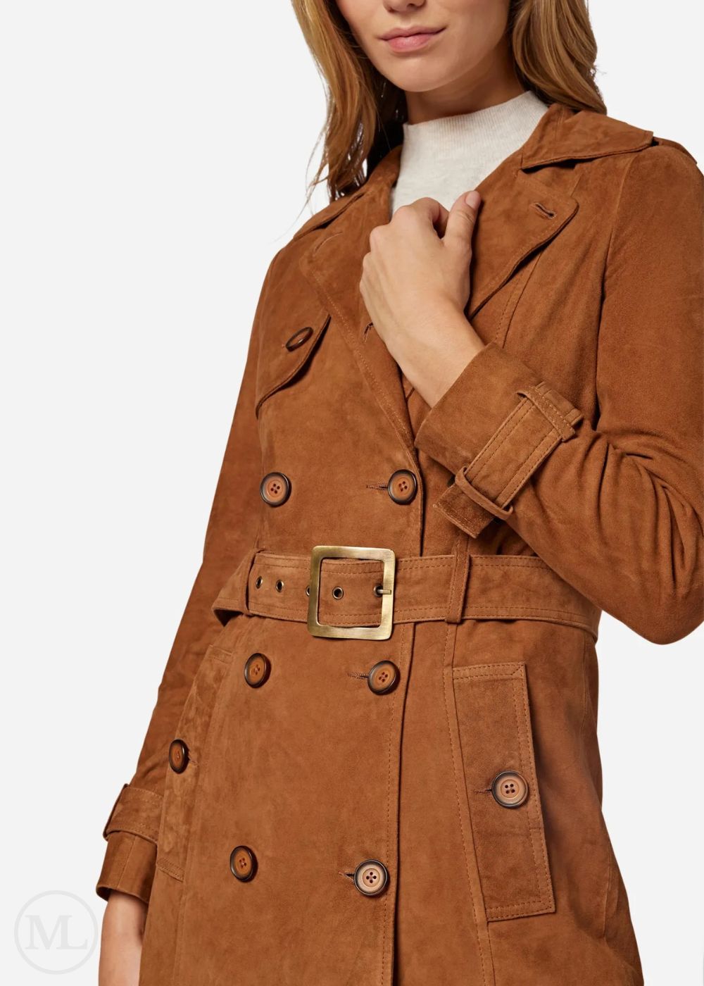Brown suede trench coat with a gold buckle on a white background